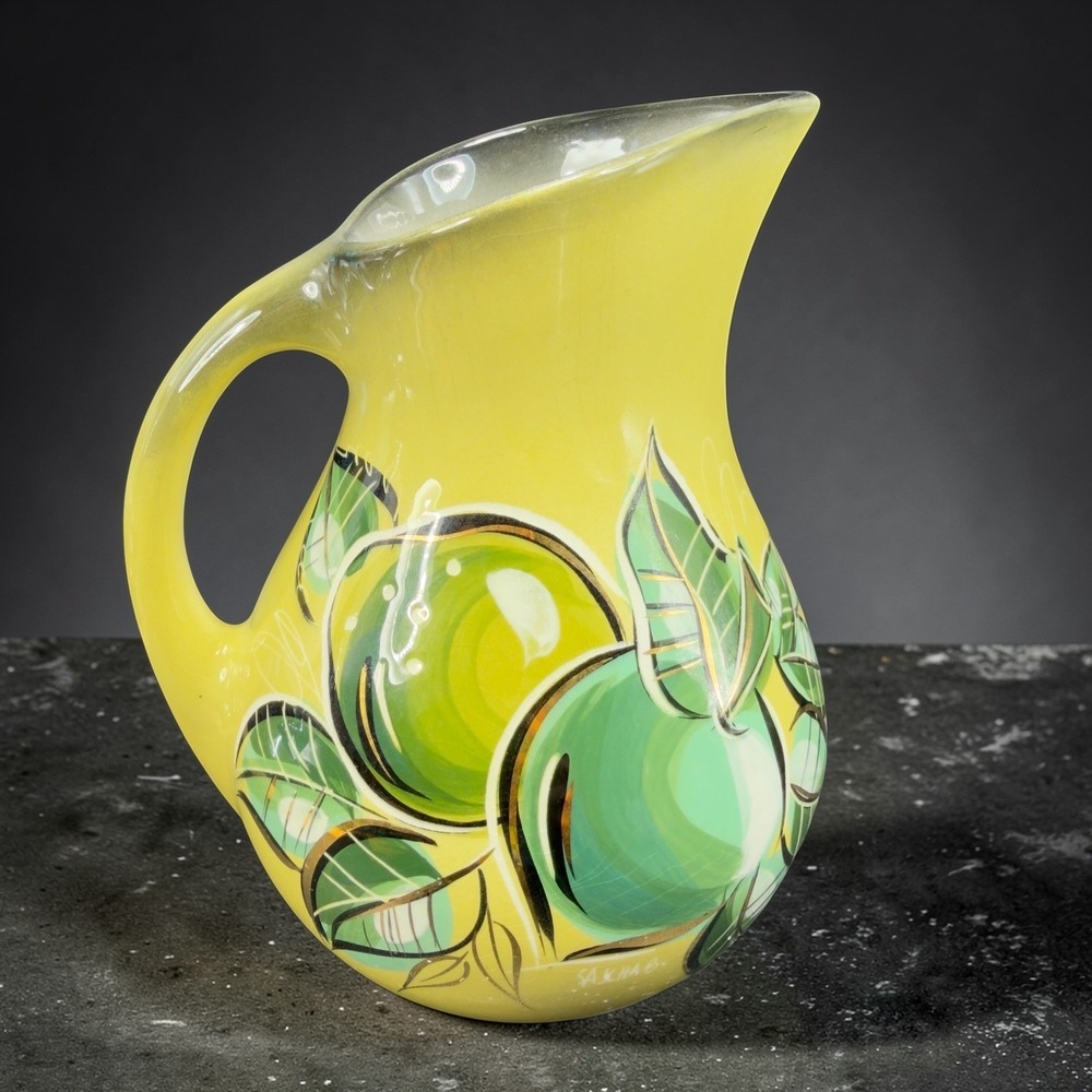 Sascha Brastoff Yellow Lime Ceramic Pitcher‎ Hand Painted Gold Gilt Mid Century